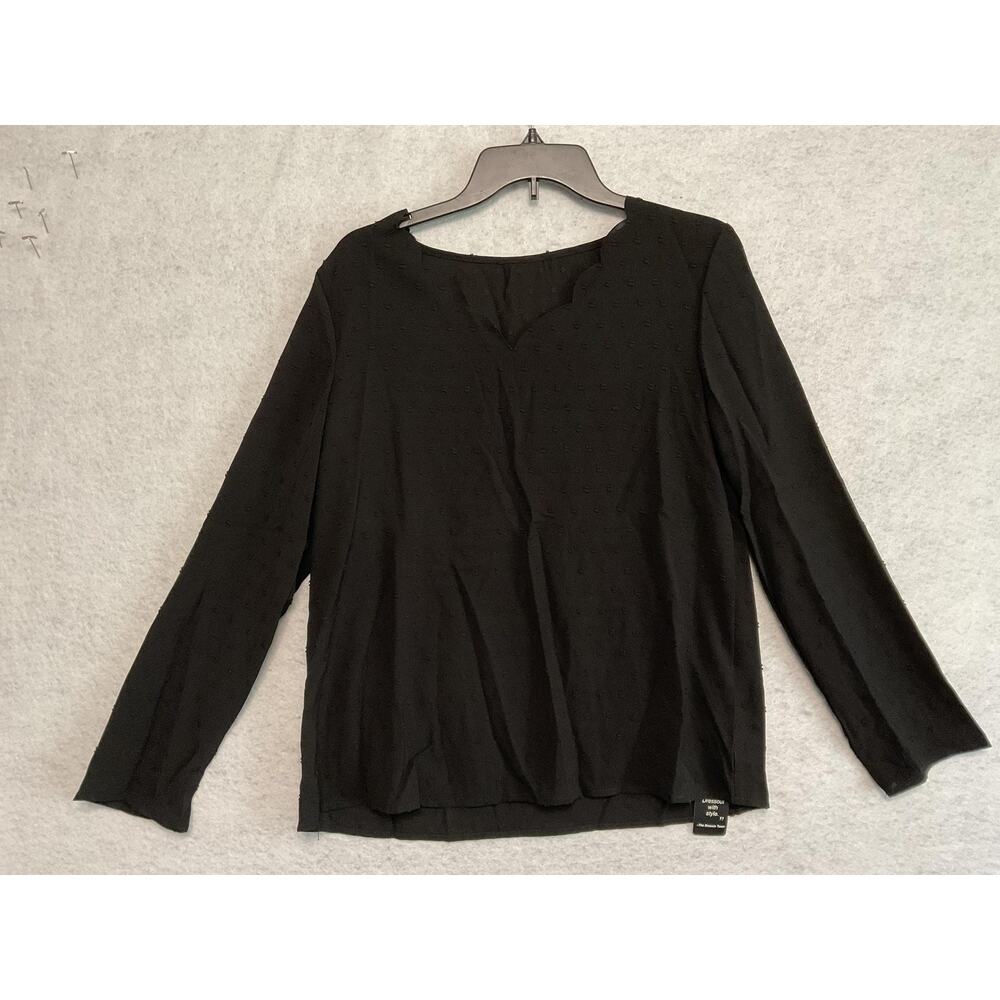 Dressin Blouse Womens Medium Black Textured V Neck Long Sleeve‎ Basic Top